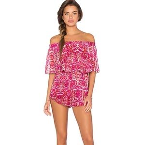 Show Me Your Mumu Fun flirty Rosarita Romper Pomegranate Punch Smocked neckline
